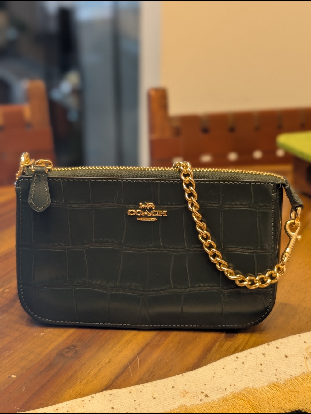 Coach Black Croc-Embossed Leather Wristlet with Gold Chain Strap